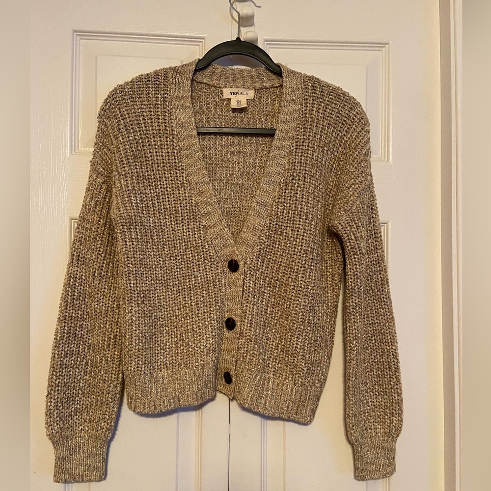 Yes/lola cardigan sweater with good metallic threading sz small.